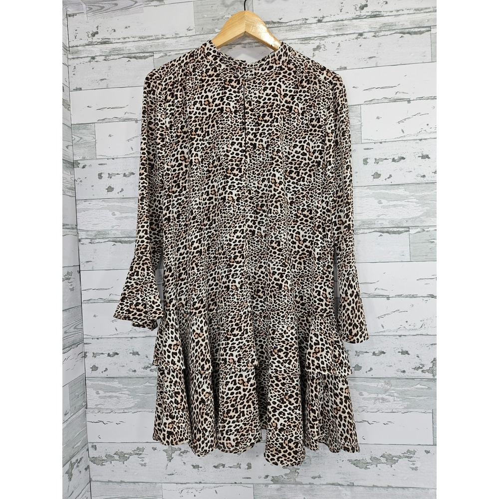 Mango MNG Suit Leopard Print Mock Neck Ruffle Hem Mini Dress Brown Tan Size 8